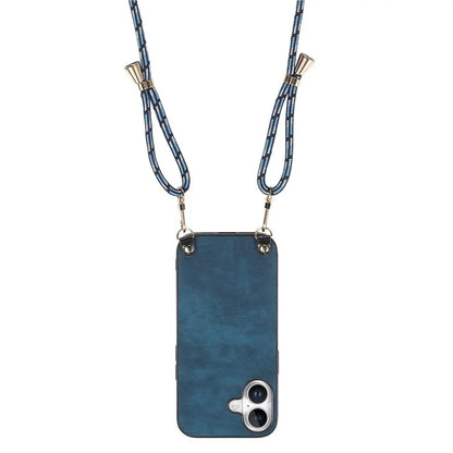 For iPhone 16 Plus Case Retro Texture Leather Coated PC+TPU Phone Cover with Hanging Rope