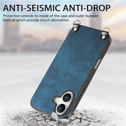 For iPhone 16 Plus Case Retro Texture Leather Coated PC+TPU Phone Cover with Hanging Rope