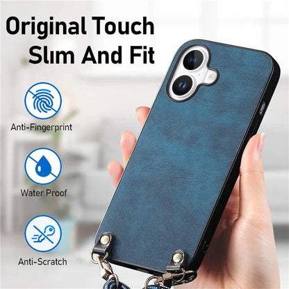 For iPhone 16 Plus Case Retro Texture Leather Coated PC+TPU Phone Cover with Hanging Rope