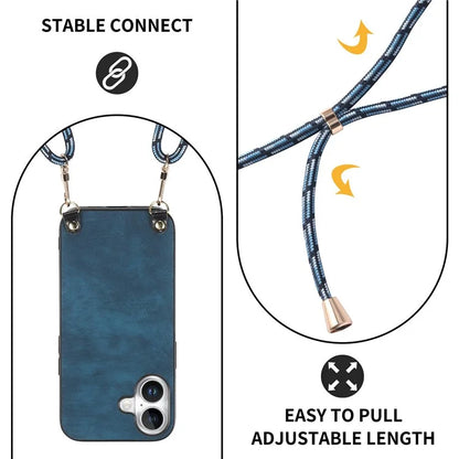 For iPhone 16 Plus Case Retro Texture Leather Coated PC+TPU Phone Cover with Hanging Rope