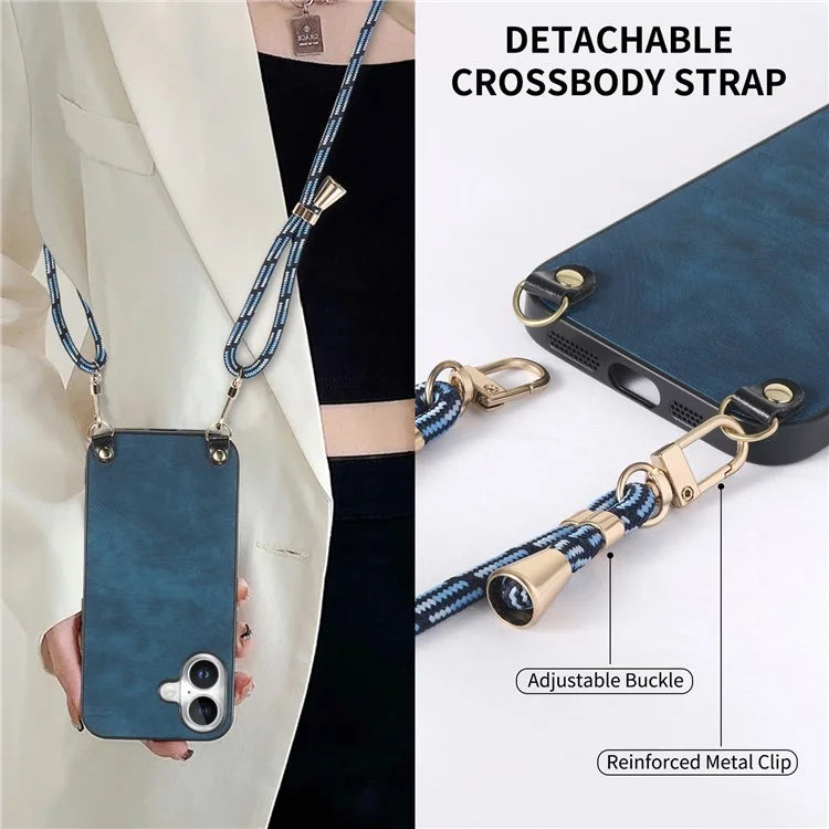 For iPhone 16 Plus Case Retro Texture Leather Coated PC+TPU Phone Cover with Hanging Rope