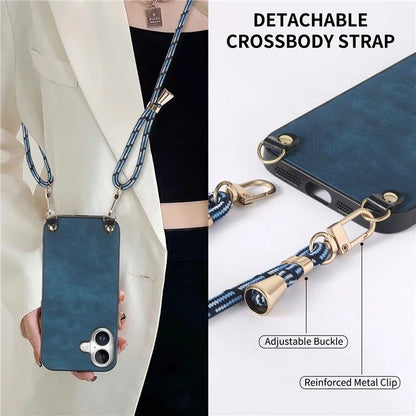 For iPhone 16 Plus Case Retro Texture Leather Coated PC+TPU Phone Cover with Hanging Rope