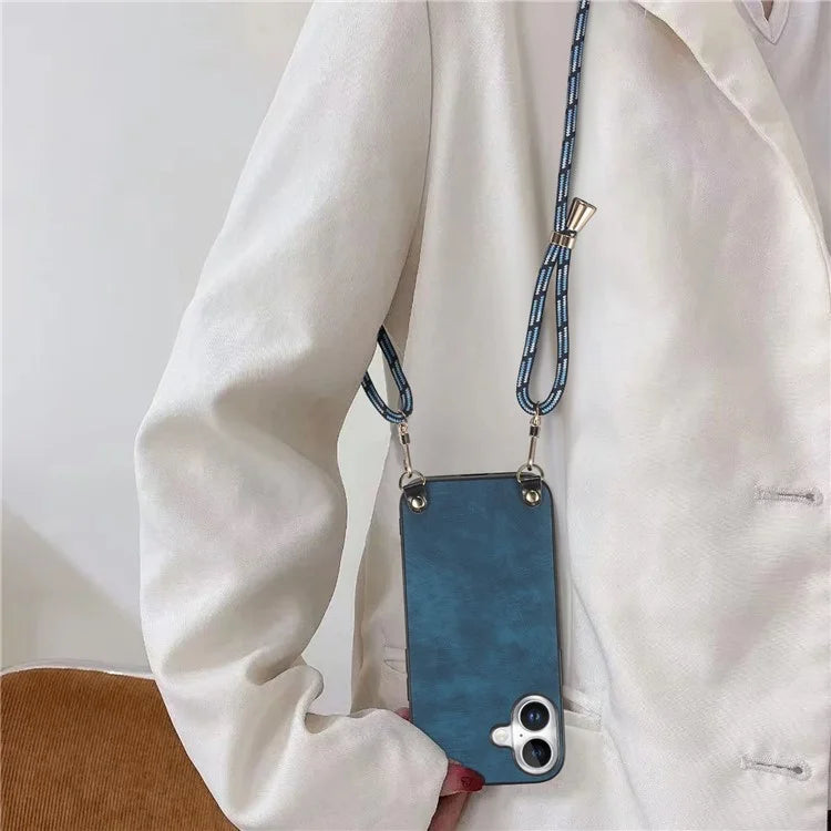 For iPhone 16 Plus Case Retro Texture Leather Coated PC+TPU Phone Cover with Hanging Rope