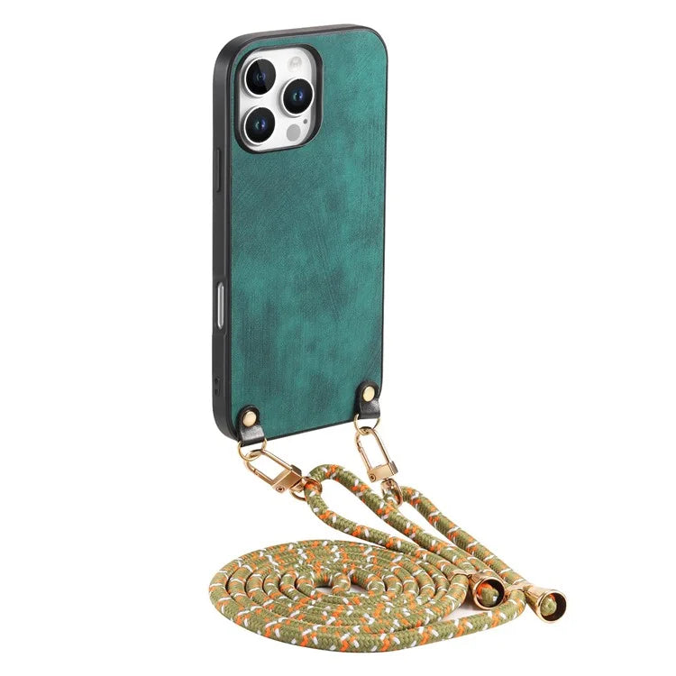 For iPhone 16 Pro Max Case Retro Texture Leather Coated PC+TPU Phone Cover with Hanging Rope