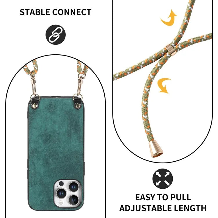 For iPhone 16 Pro Max Case Retro Texture Leather Coated PC+TPU Phone Cover with Hanging Rope