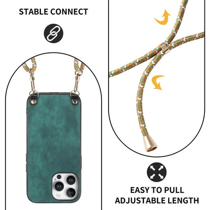 For iPhone 16 Pro Max Case Retro Texture Leather Coated PC+TPU Phone Cover with Hanging Rope