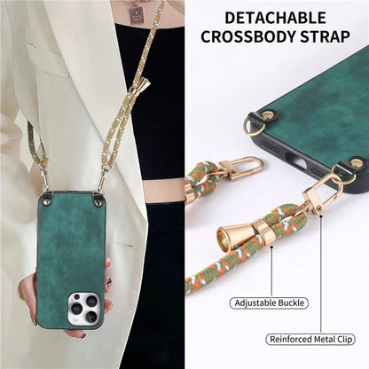 For iPhone 16 Pro Max Case Retro Texture Leather Coated PC+TPU Phone Cover with Hanging Rope