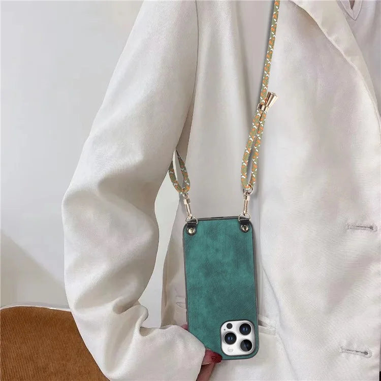 For iPhone 16 Pro Max Case Retro Texture Leather Coated PC+TPU Phone Cover with Hanging Rope
