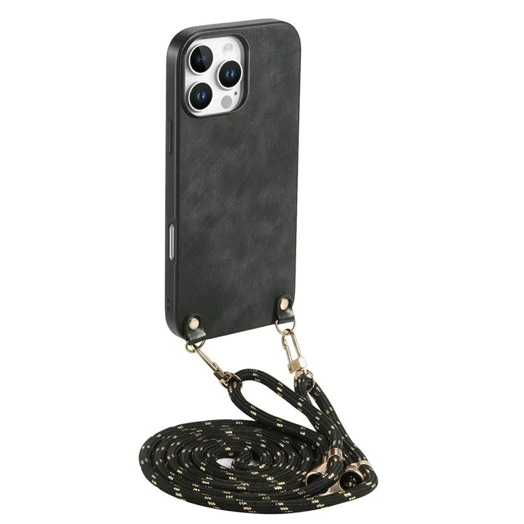 For iPhone 16 Pro Max Case Retro Texture Leather Coated PC+TPU Phone Cover with Hanging Rope