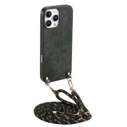 For iPhone 16 Pro Max Case Retro Texture Leather Coated PC+TPU Phone Cover with Hanging Rope