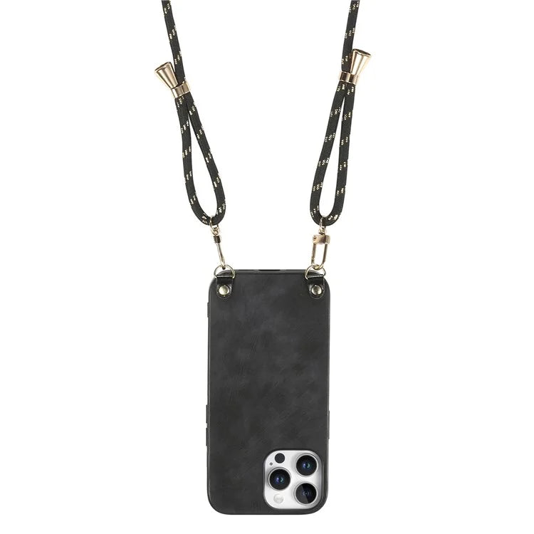 For iPhone 16 Pro Max Case Retro Texture Leather Coated PC+TPU Phone Cover with Hanging Rope