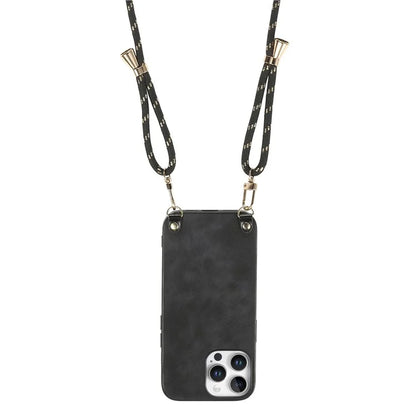 For iPhone 16 Pro Max Case Retro Texture Leather Coated PC+TPU Phone Cover with Hanging Rope
