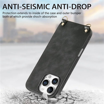 For iPhone 16 Pro Max Case Retro Texture Leather Coated PC+TPU Phone Cover with Hanging Rope