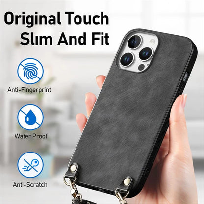For iPhone 16 Pro Max Case Retro Texture Leather Coated PC+TPU Phone Cover with Hanging Rope