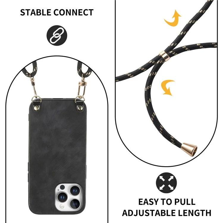 For iPhone 16 Pro Max Case Retro Texture Leather Coated PC+TPU Phone Cover with Hanging Rope