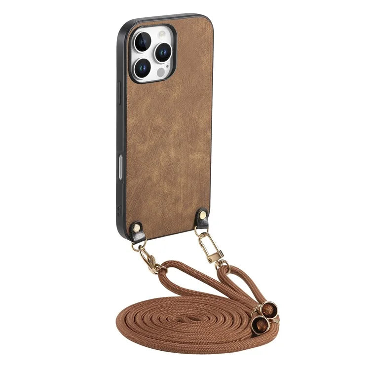 For iPhone 16 Pro Max Case Retro Texture Leather Coated PC+TPU Phone Cover with Hanging Rope