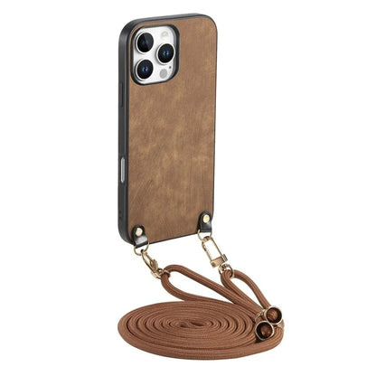 For iPhone 16 Pro Max Case Retro Texture Leather Coated PC+TPU Phone Cover with Hanging Rope