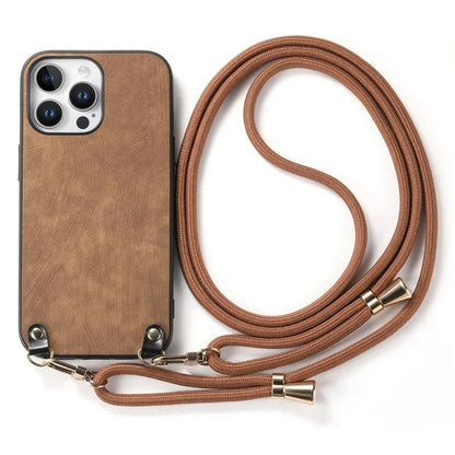 For iPhone 16 Pro Max Case Retro Texture Leather Coated PC+TPU Phone Cover with Hanging Rope