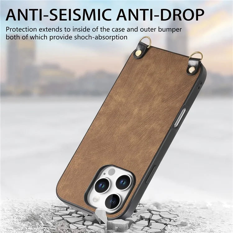 For iPhone 16 Pro Max Case Retro Texture Leather Coated PC+TPU Phone Cover with Hanging Rope