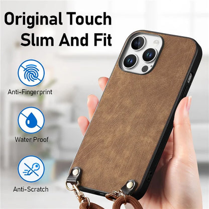 For iPhone 16 Pro Max Case Retro Texture Leather Coated PC+TPU Phone Cover with Hanging Rope