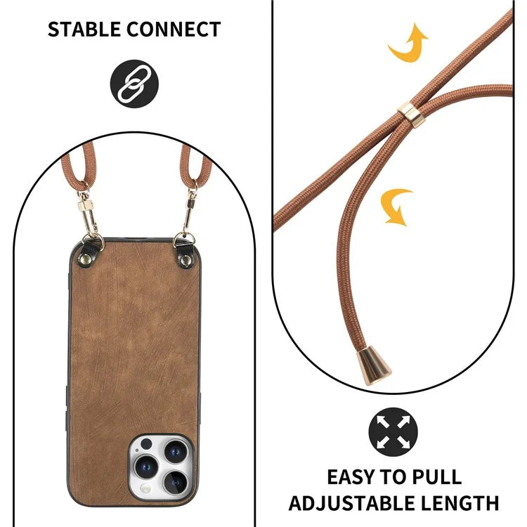 For iPhone 16 Pro Max Case Retro Texture Leather Coated PC+TPU Phone Cover with Hanging Rope