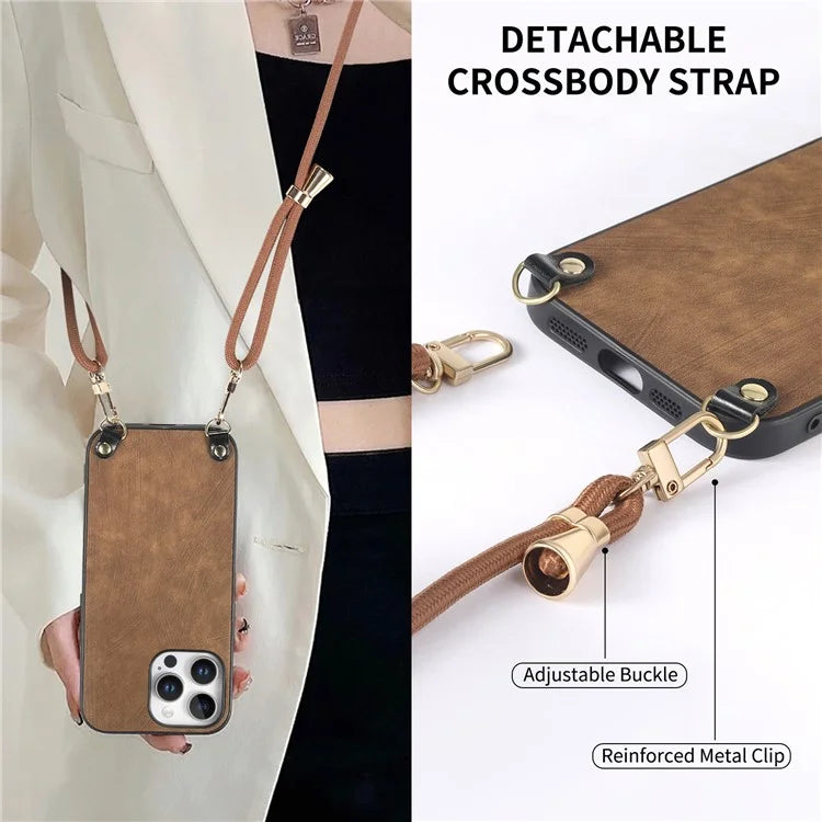 For iPhone 16 Pro Max Case Retro Texture Leather Coated PC+TPU Phone Cover with Hanging Rope