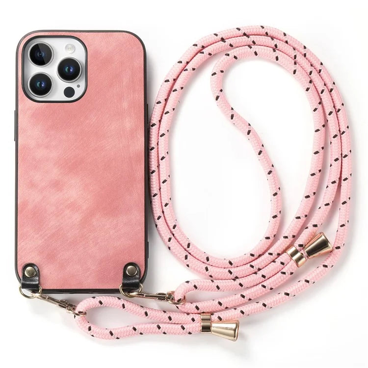 For iPhone 16 Pro Max Case Retro Texture Leather Coated PC+TPU Phone Cover with Hanging Rope