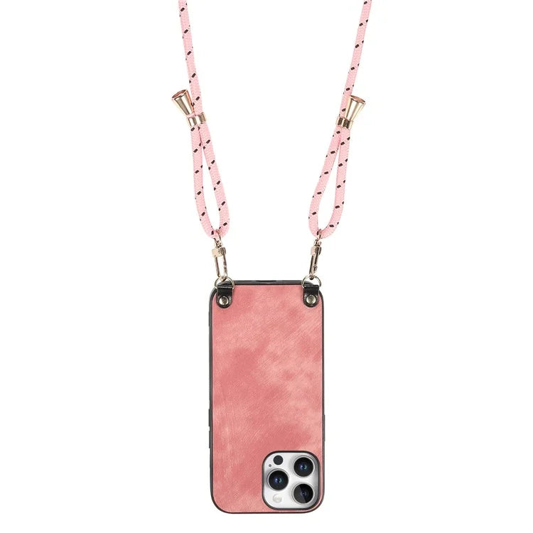 For iPhone 16 Pro Max Case Retro Texture Leather Coated PC+TPU Phone Cover with Hanging Rope