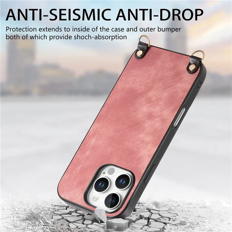 For iPhone 16 Pro Max Case Retro Texture Leather Coated PC+TPU Phone Cover with Hanging Rope