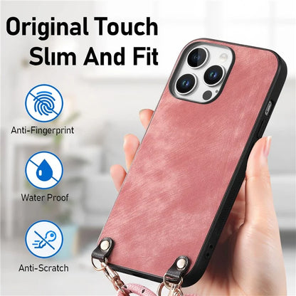 For iPhone 16 Pro Max Case Retro Texture Leather Coated PC+TPU Phone Cover with Hanging Rope