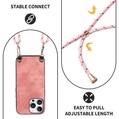 For iPhone 16 Pro Max Case Retro Texture Leather Coated PC+TPU Phone Cover with Hanging Rope