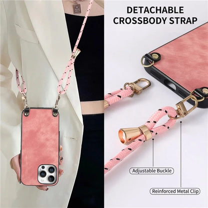 For iPhone 16 Pro Max Case Retro Texture Leather Coated PC+TPU Phone Cover with Hanging Rope