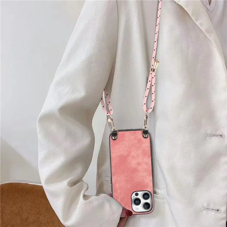 For iPhone 16 Pro Max Case Retro Texture Leather Coated PC+TPU Phone Cover with Hanging Rope
