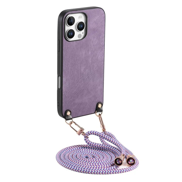 For iPhone 16 Pro Max Case Retro Texture Leather Coated PC+TPU Phone Cover with Hanging Rope
