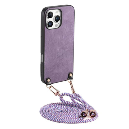 For iPhone 16 Pro Max Case Retro Texture Leather Coated PC+TPU Phone Cover with Hanging Rope