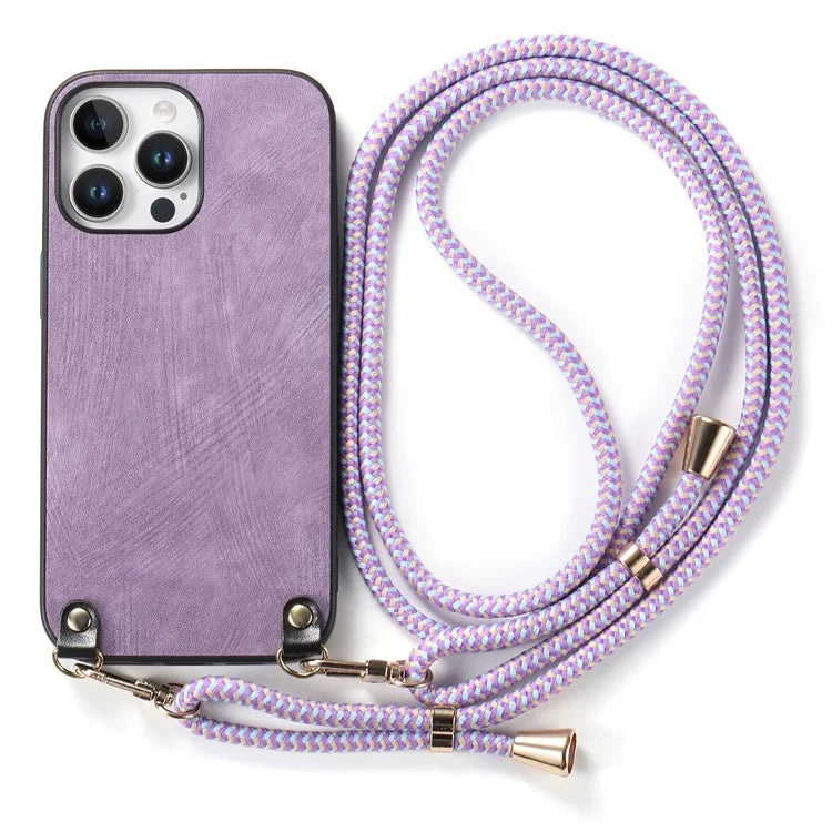 For iPhone 16 Pro Max Case Retro Texture Leather Coated PC+TPU Phone Cover with Hanging Rope