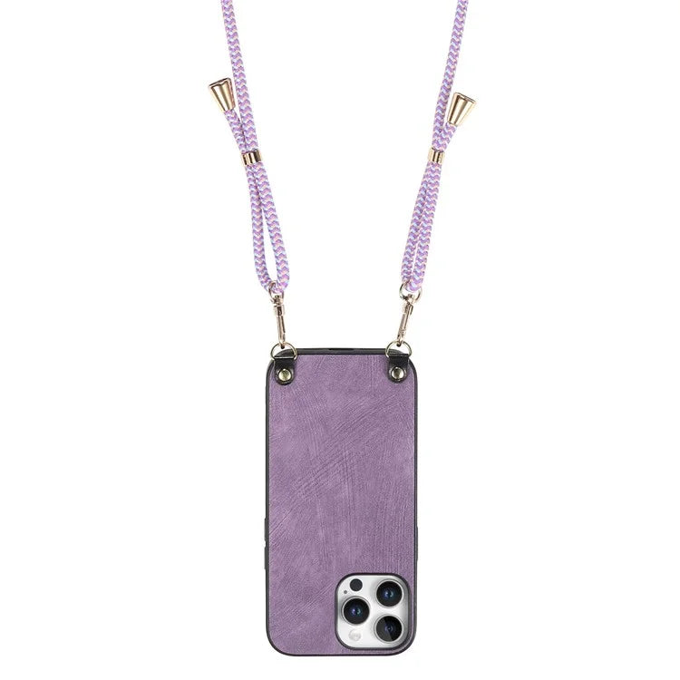 For iPhone 16 Pro Max Case Retro Texture Leather Coated PC+TPU Phone Cover with Hanging Rope