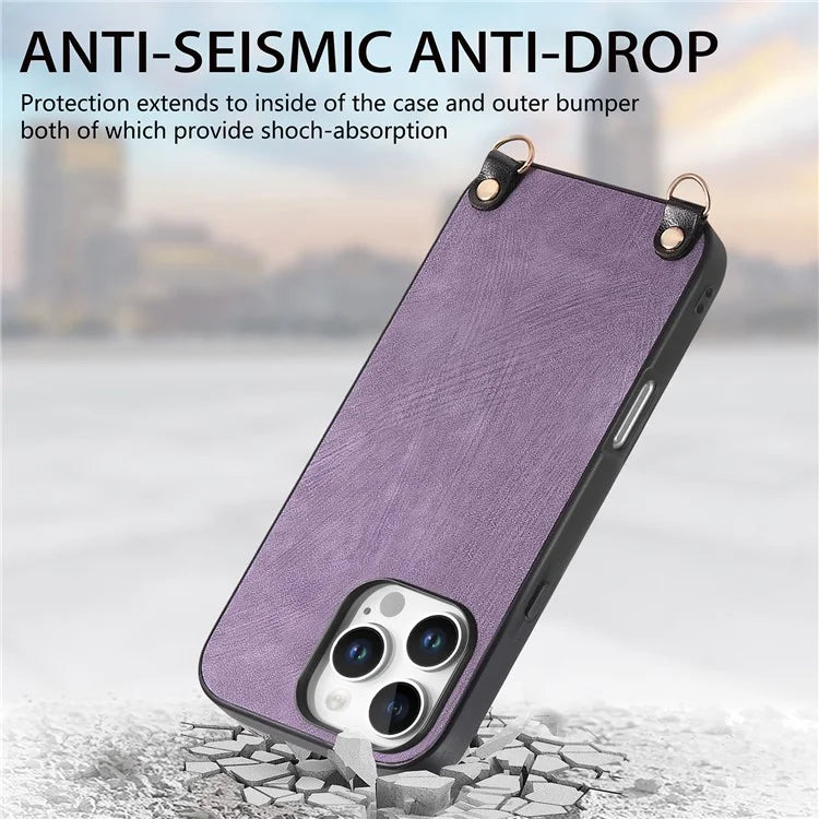 For iPhone 16 Pro Max Case Retro Texture Leather Coated PC+TPU Phone Cover with Hanging Rope