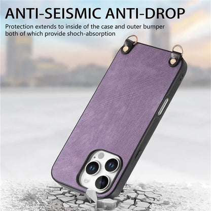 For iPhone 16 Pro Max Case Retro Texture Leather Coated PC+TPU Phone Cover with Hanging Rope
