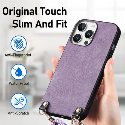 For iPhone 16 Pro Max Case Retro Texture Leather Coated PC+TPU Phone Cover with Hanging Rope