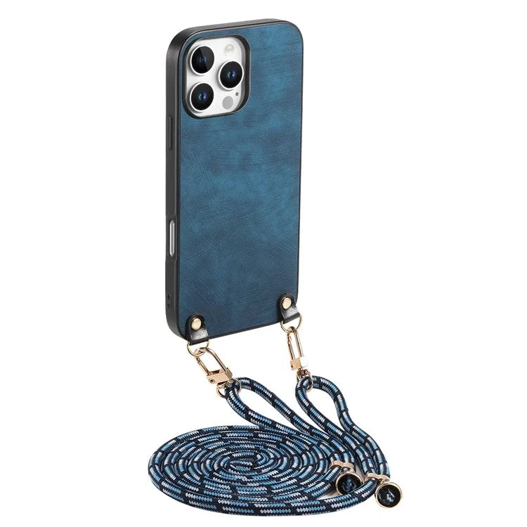 For iPhone 16 Pro Max Case Retro Texture Leather Coated PC+TPU Phone Cover with Hanging Rope