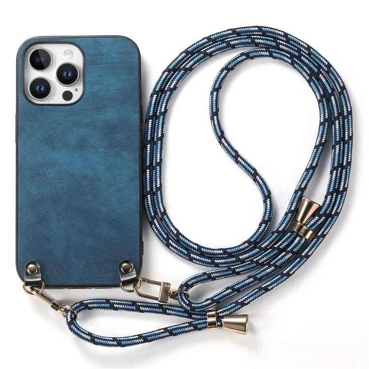 For iPhone 16 Pro Max Case Retro Texture Leather Coated PC+TPU Phone Cover with Hanging Rope