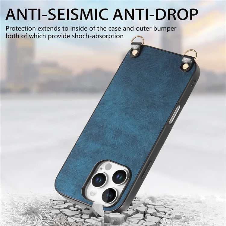 For iPhone 16 Pro Max Case Retro Texture Leather Coated PC+TPU Phone Cover with Hanging Rope