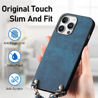 For iPhone 16 Pro Max Case Retro Texture Leather Coated PC+TPU Phone Cover with Hanging Rope