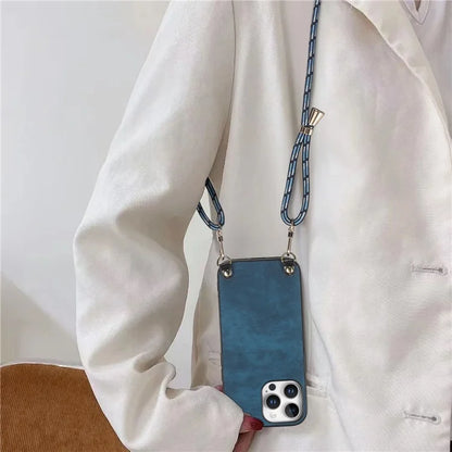 For iPhone 16 Pro Max Case Retro Texture Leather Coated PC+TPU Phone Cover with Hanging Rope