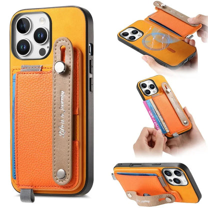 For iPhone 16 Pro Max Case Wristband Kickstand Leather+TPU Phone Cover Detachable Card Holder