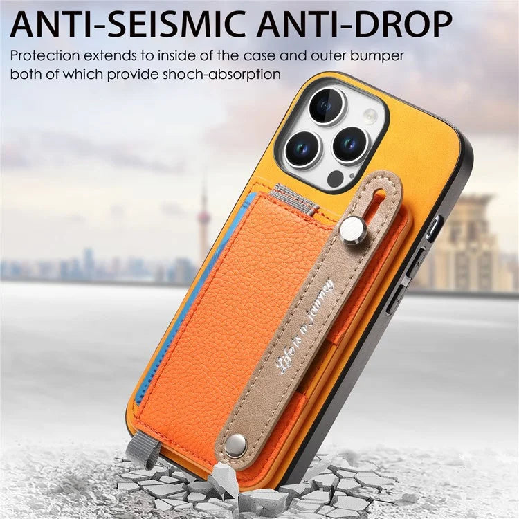 For iPhone 16 Pro Max Case Wristband Kickstand Leather+TPU Phone Cover Detachable Card Holder
