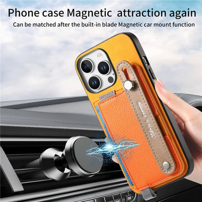For iPhone 16 Pro Max Case Wristband Kickstand Leather+TPU Phone Cover Detachable Card Holder
