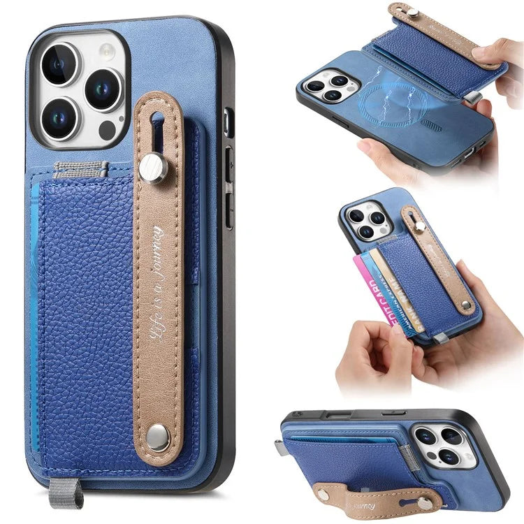 For iPhone 16 Pro Max Case Wristband Kickstand Leather+TPU Phone Cover Detachable Card Holder