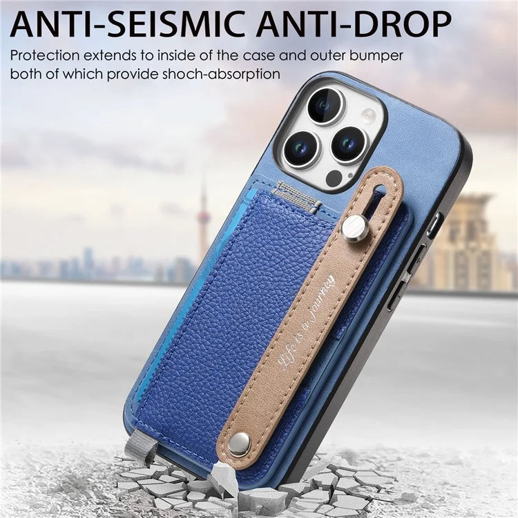For iPhone 16 Pro Max Case Wristband Kickstand Leather+TPU Phone Cover Detachable Card Holder